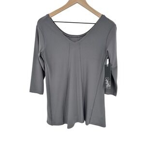 Sympli Top Womens 4 Titanium Gray Energy Top 3/4 Sleeve V-Neck Seamed‎ Stretch